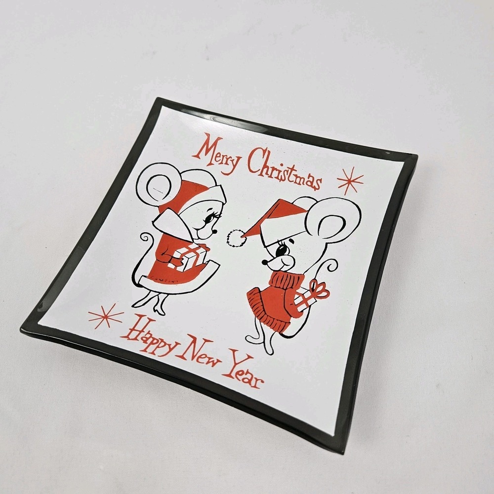 Vintage Campana Christmas Glass Trinket Tray Dish New Years Mouse MCM Retro